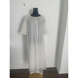 Ivory Peignoir Piece Set Chiffon Negligee Sheer Lace Made in USA Small 1970s SM